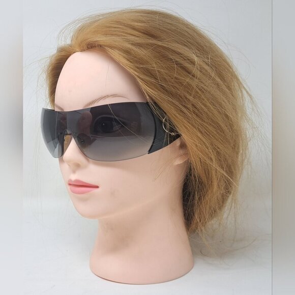 Prada Sunglasses Shield Rimless Oversized Wrap Tinted Black Logo Y2K SPR 16H - Picture 11 of 16